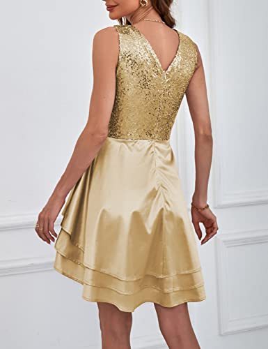 Image of Lrady Women's Sequin Glitter V Neck Skater Mini Club Cocktail Party Swing Dress