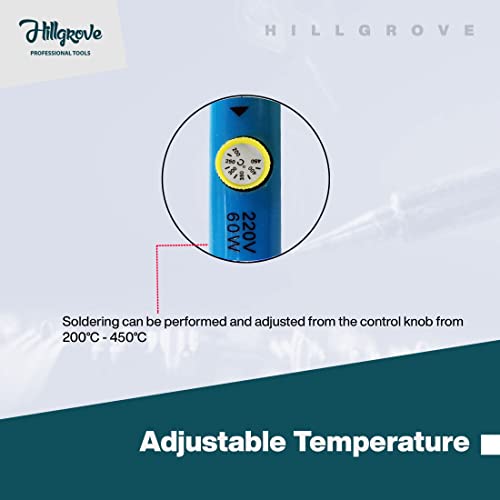 Image of Hillgrove 60W Temperature Controlled Soldering Iron Kit with Solder Wire and Interchangeable Tips Conical Flat Pointed Round for Electronics Repair DIY Professional Use (4-in-1)