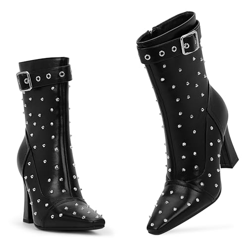 Women's Punk Rivet High Heel Square Toe Ankle Boots Buckle Strap Sexy Booties4