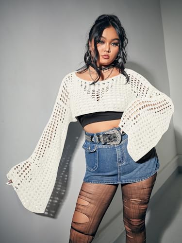 Image of Floerns Women's Plus Size Boat Neck Long Sleeve Hollow Out Crochet Cropped Sweater
