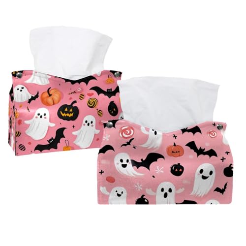 Paquete de 2 fundas para caja de pañuelos para habitación, hogar y oficina, murciélagos de Halloween, caramelos, calabazas, pañuelos