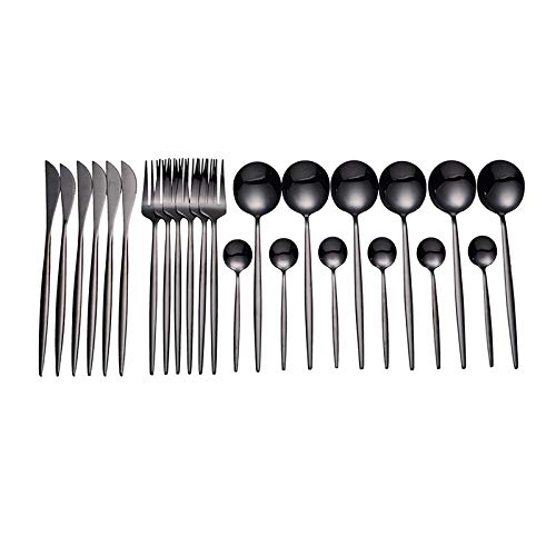 Ménagère 24 pièces noire et dorée avec boîte cadeau chic pour mariage et fête