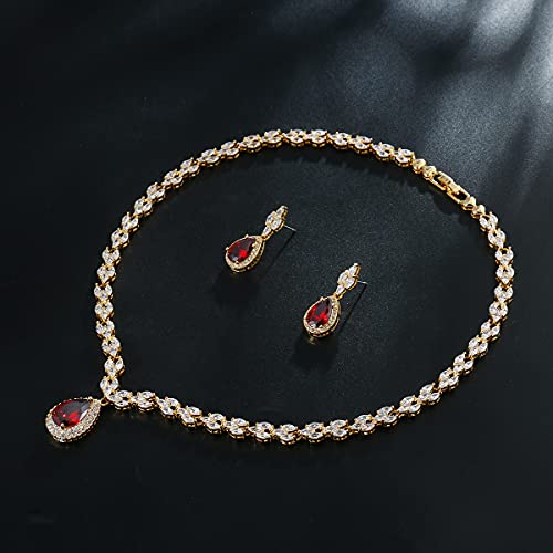 WeimanJewelry White Gold/Gold Plated Women Cubic Zirconia CZ Marquise Teardrop Bridal Tennis Necklace and Drop Earring Set for Wedding Brides (Gold tone-ruby cz)3