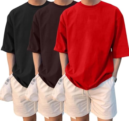 Image of LEOTUDE Half Sleeve Oversized Tshirt for Men, Round Neck Cottonblend Drop Shoulder Solid T-Shirt