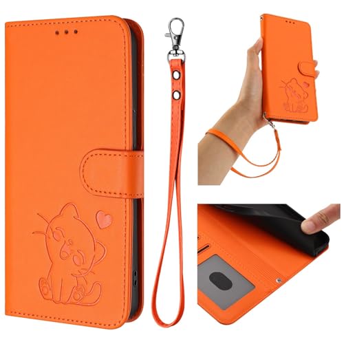 HAOFUGUI Funda Cartera para OPPO Reno8 Lite 5G / Reno8 Z 5G, de Cuero PU con Gato Grabado Carcasa, Tapa con Tarjetero Función Soporte y Correa de Muñeca Desmontable-Naranja