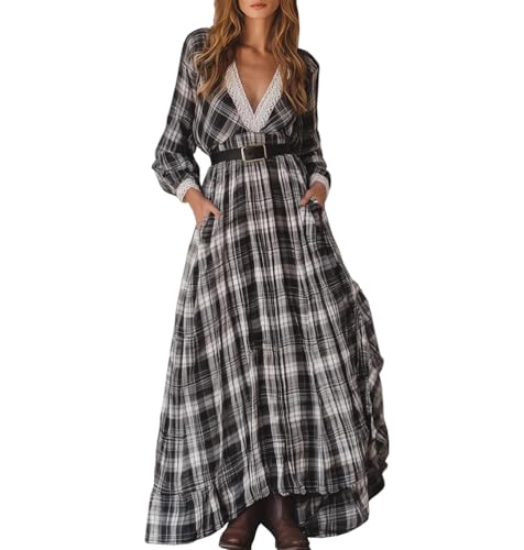 RIOQHID Schwarz,XL,Damen Maxi-Karokleid, trendig, lässig, lockere Passform, Langarm, V-Ausschnitt, Hemdkleid, Herbstkleider mit Gürtel