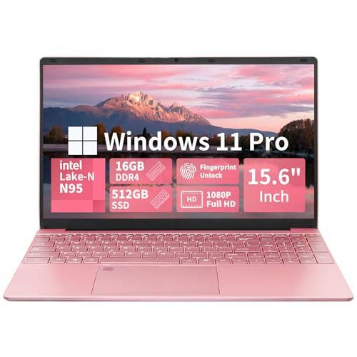 Image of 15.6 inch Laptops Computer Celeron N95 FHD 16G RAM SSD Large Screen Bluetooth 5.0 Fingerprint Laptop Ultrabook Wi-Fi 2.4GHz /5GHz, USB3.0(Rose Gold, 16G+512GB SSD)