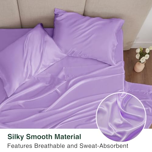 Love's cabin Full Size Satin Sheet Sets - 4 Piece Lavender Silky Sheet Set with Deep Pocket, Luxury Silk Feel Satin Sheets Full Bedding Set (1 Flat Sheet,1 Fitted Sheet,2 Pillow Cases)