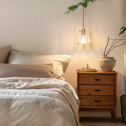 Image of Shenmoyl Pendant Light with Clear Tulip Glass Lmapshade, Brass Vintage Pendant Light Adjustable Hanging Light for Kitchen Island Dining Room Hallway