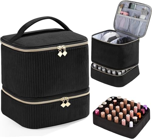 RuiDay Rangement Vernis a Ongle, Malette Onglerie Velours Côtelé Double Couche pour 30 Flacons (15ml) et Lampe UV Ongles, Portable Étui Organisateur de...