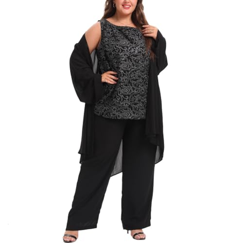 Women's Plus Size Mother of Bride Pant Suits 3 Piece Chiffon Elegant Sets Lace Wedding Guest Outfit2