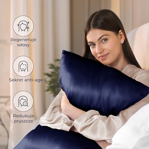 Jedwabna poszewka na poduszkę DREAMZIE – 100% naturalny jedwab morwowy – do włosów i skóry – Jedwab 19 mm po obu stronach – 1 sztuka – Ciemnoniebieski – 50×70 cm