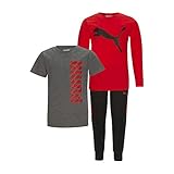 PUMA Boys' 3 Piece T-Shirt, Long Sleeve Shirt & Jogger Set, High Risk Red/Grey, 3-6M