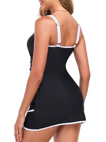 Smismivo Tummy Control Swim Dress Modest Swimsuit with Skirt Slimming Bathing Suit Square Neck Swimwear Padded Swim Suits2