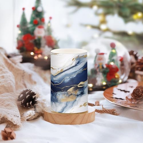 Image of Flickering Flameless Candles, Drak Blue Golden Marble LED Candles with Remote Timer, Set of 2 Battery Operated Candle for Valentine Wedding Birthday