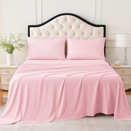 MICORAL King Bed Sheets Set Soft Breathable Bedding Sheet Set Sheets Set with 16 Deep Pocket Design (4 Pieces King Light Pink)