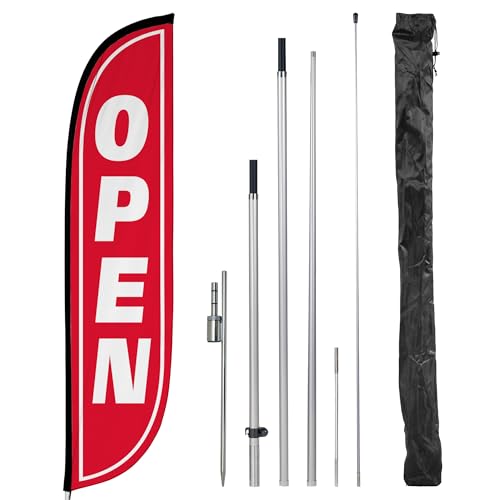 Image of LookOurWay Feather Flag Pole Kit - 12 Feet Tall Advertising Flag Banner with Fiberglass Pole Kit and Ground Spike for Business Promotion - Grand Opening Flags - Open Red & White (10M1200104)