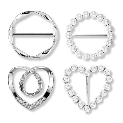 OUDQFCJ 4 Piezas Broches para Ropa Mujer con Strass y Perlas, Clips de Metal para Camisetas, Vestidos, Bufandas y Accesorios de Moda (Plata)