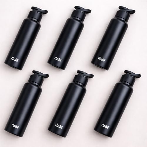 Clazkit Amaze Sporty Stainless Steel Black Matte Finish Water Bottle Set of 6 |ISI Certified Leakproof, Rust-Free, BPA-Free, Durable for Fridge, Sports, Gym, Yoga-1000ml