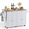 Kitchen Island on Wheels Kitchen Cart with Rubber Wood Top Mobile Kitchen Island with Double Storage Cabinet and Drawers Table White