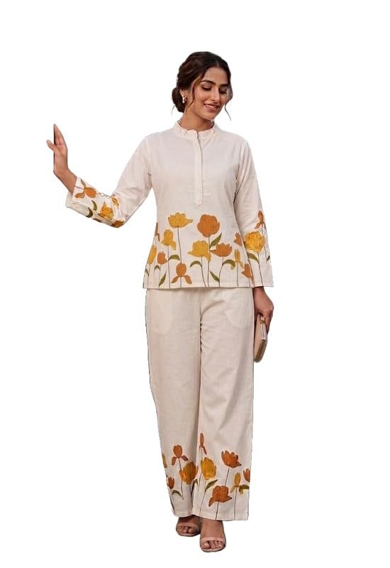 Women’s 2-Piece Co-Ord Set in Cotton Rayon Top & Bottom for Daily Travel Brunch Vacation & Ethnic Fusion Stylish Outfit (Yellow_XL)-image-20
