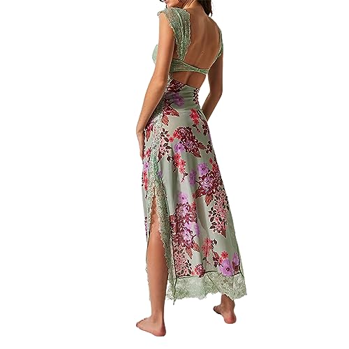 Image of Women Sexy Lace Patchwork Mesh Dress Floral Print Cutout Sweetheart Neck Backless Slit Summer Maxi Dress