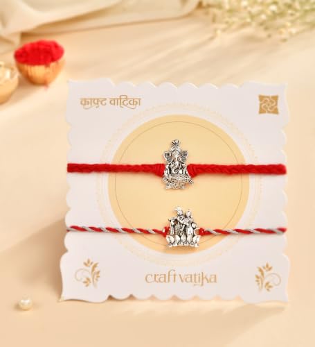 Image of CraftVatika Silver Plated Rakhi Set of 2 for Brother Boy Men, Designer Ganesha Radhe Krishna Rakhi for Brother, Premium Thread for Rakshabandhan Festival with Best Wishes Card and Tillak Set for Him