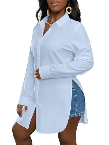 Image of LYANER Women's Collar Neck Long Sleeve Button Down Shirts Sexy Split Hem Tops Long Blouse Shirt Dress