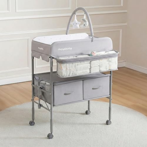 Maydolly Tragbarer Wickeltisch für Babys, Multifunktionaler Faltbarer Wickeltisch, Höhenverstellbar mit Rädern und 2 Aufbewahrungskörben, Wasserdichtes Sitzkissen zum Wickeln, Grau
