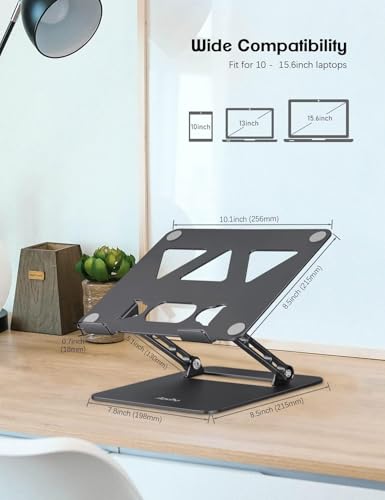 Image of Aoviho Adjustable Laptop Stand for Desk, Portable Laptop Stand Holder and Riser, Foldable Aluminum Notebook Computer Stand for MacBook Air Pro HP Lenovo Dell Samsung Chromebook, 10-15.6 inch, Black
