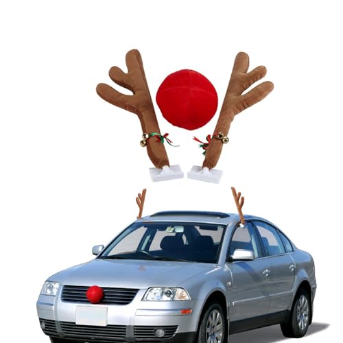 Tyenaza Car Reindeer Antlers Nose Set, Christmas Car Decorations with Reindeer Antler, Xmas Jingle Bells & Nose for Window Top and Front Grille (Brown)