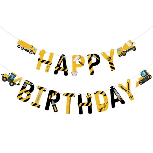 Image of Hooqict Happy Birthday Banner Construction Birthday Party Supplies for Kids Boys 1st 2nd 3rd Construction Party Banner Garland Decorations Excavator Dump Truck Tractor Sign