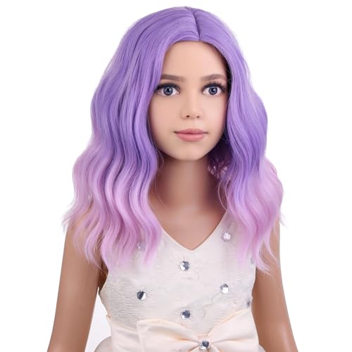 Image of PATTNIUM Kids Child Purple Wig Short Curly Wavy Lavender Purple Wig for Gilrs Light Purple Pink Wigs Cosplay Halloween Party Costume Synthetic Hair Wigs