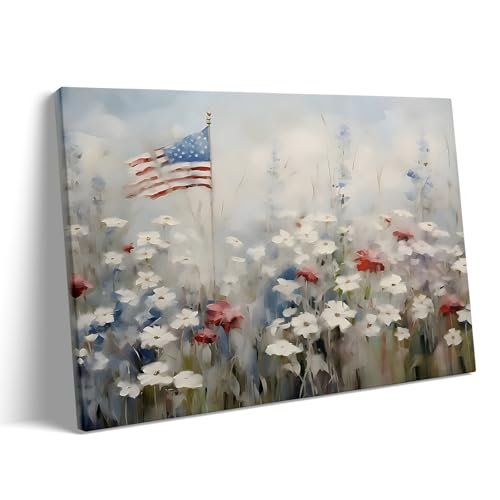 Image of Memorial Day Wall Art, White Flower Field with American Flag Print, Soft Pastel Patriotic Landscape Poster, Rustic Framed Print Oil Painting for Farmhouse and Summer Independence Decor 8x10inch