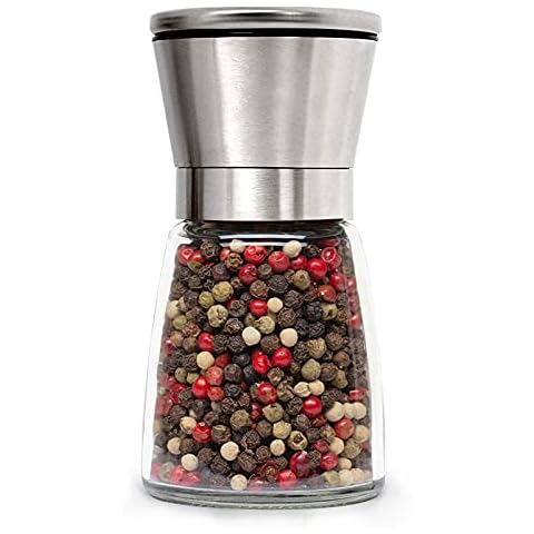 Skycase Pepper & Salt Mill, Brushed Stainless Steel Grinder Pepper & Salt Mill & Original Premium Glass (1 Piece) Cover