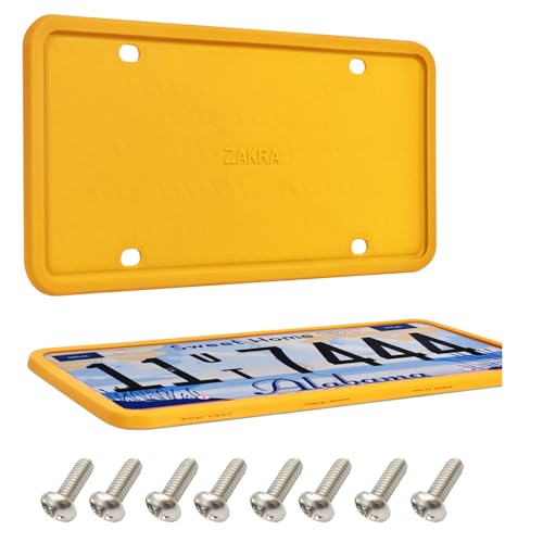 ZAKRA License Plate Frames,2 Pack Silicone License Plate Frames,Premium Silicone Material, Rust-Proof,Rattle-Proof,Weather-Proof.(Yellow)