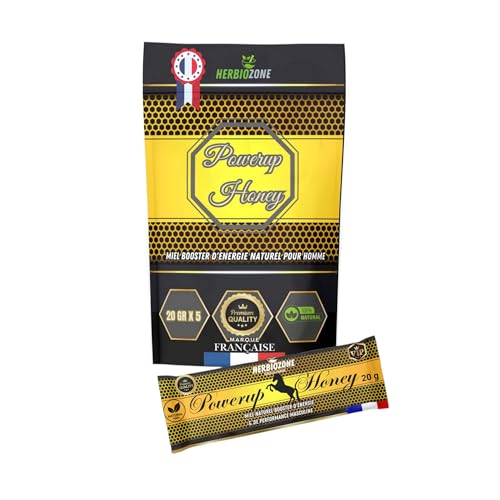 PowerUp Honey Miel Booster para Hombre | Ginseng Rojo | Maca | Guarana | Ashwagandha | Tribulus | 20g X 5 Fabricado en Francia