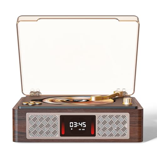 Retro CD Player with 3.5 mm Stereo Amplifier Desktop CD Player Bluetooth for Home Built-in Speakers/Headphone Jack/AUX/USB/LCD Screen Display with Remote Controls-Brown