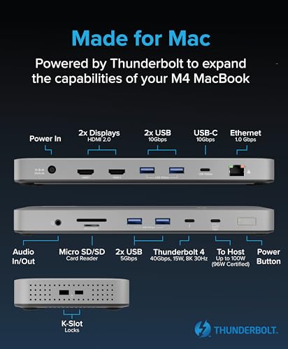 Plugable Thunderbolt 4 Dock for M4 MacBook Air & Pro: 100W Charging Driverless Laptop Docking Station with 4K HDMI Dual Monitor or Single 6K, 6X USB, SD, Ethernet, Thunderbolt Certified (TBT-UDM)