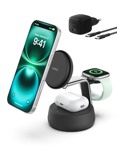 Belkin UltraCharge Pro Cargador Inalámbrico 3 en 1, 25W, Qi2 Compatible con MagSafe, Estación de Carga para iPhone 17, Air, Apple Watch, AirPods, Pixelsnap con Ventilador, Adaptador 45W - Negro
