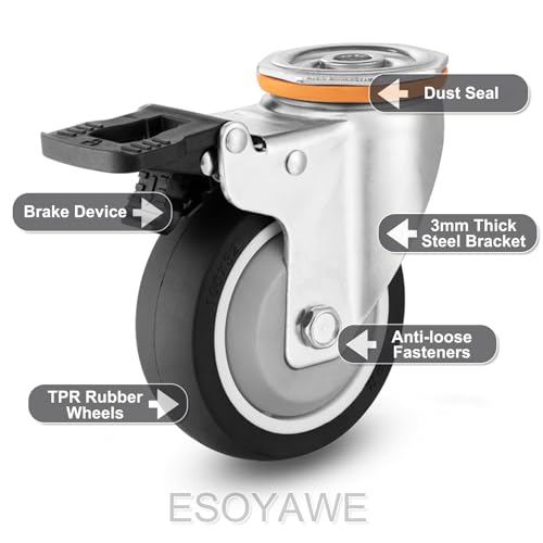 家具回転キャスターホイール4個セット、3インチ 4インチ 5インチ サイレントTPRラバーキャスター ブレーキ付き 商用/工業用 交