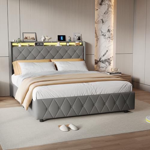 BRILVERDE Cama con espacio de almacenamiento, cabecero tapizado con estación de carga e iluminación LED, 4 cajones con ruedas, cama con espacio de almacenamiento, franela, sin colchón (gris, 160 x 200