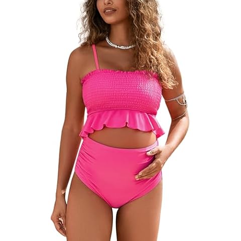 MOMOOD Maternity Swimsuit Spaghettis Straps Ruffle Hem Maternity Bikini Smocked Bandeau Top Maternity Bathing Suit Two Pieces Rose Red S Cover