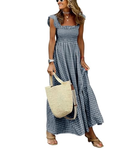 Image of ebossy Women's Fashion Plaid Dress Sleeveless Smocked Ruffle Pleated Boho Party Beach Gingham Maxi Dresses