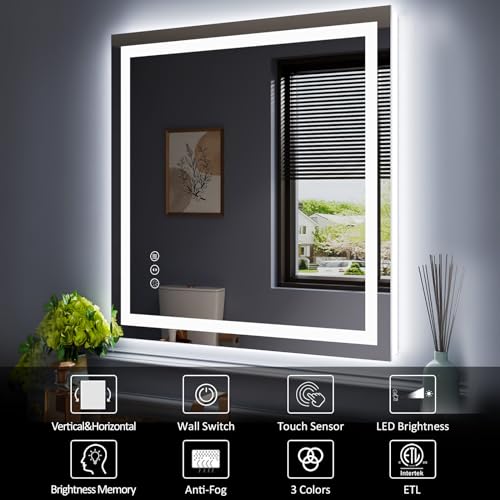 Amorho LED Mirror for Bathroom 40"X38" with Front Light and Backlit, Stepless Dimmable, Anti-Fog, Shatter-Proof, Memory, 3 Colors, Wall Mount (Horizontal/Vertical)