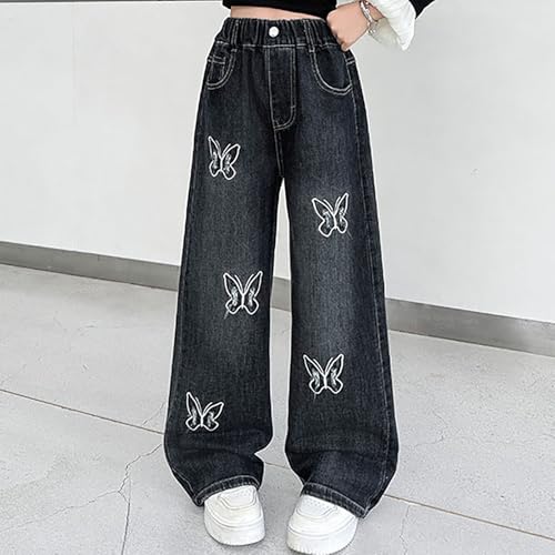 Kids Girls Bow Jeans Wide Leg Baggy Button Denim Pants Elastic High Waist Trousers Trendy Y2k Streetwear with Pockets2