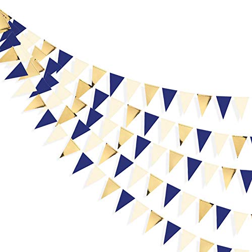 30Ft Bleu Marine Or Décorations de Fête Suspendus Papier Triangle Drapeau Fanion Bannière Banderoles Guirlande pour Anniversaire Fiançailles Mariage Bapteme Remise des Diplômes Fournitures de fête