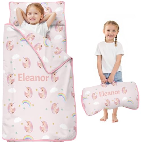 Personalized Unicorn Toddler Nap Mat, Custom Name Sleeping Bag with Pillow for Kids Preschool Daycare, Toddlers Travel Bed Soft Napping Sack for Boys Girls