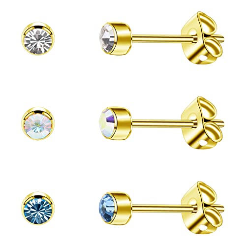 Artskin Damen Ohrstecker Titan Mädchen Ohrringe Hypoallergen Kristall Herren Ohrringe 4mm 14k gold ora Frauen Geburtstags geschenke (Gold(001+AB+202))
