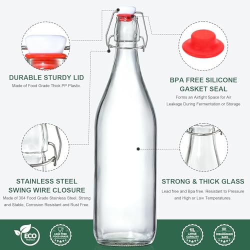 8 Pack [1 L / 33 fl. oz.] Swing Top Glass Bottles w/ Airtight Stopper Lids – Flip Top Brewing Bottle for Fermentation, Kombucha, Mead, Vinegar, Beer, Kefir, Wine, Soda – With 8 Extra Seals & 2 Pourer - Image 5
